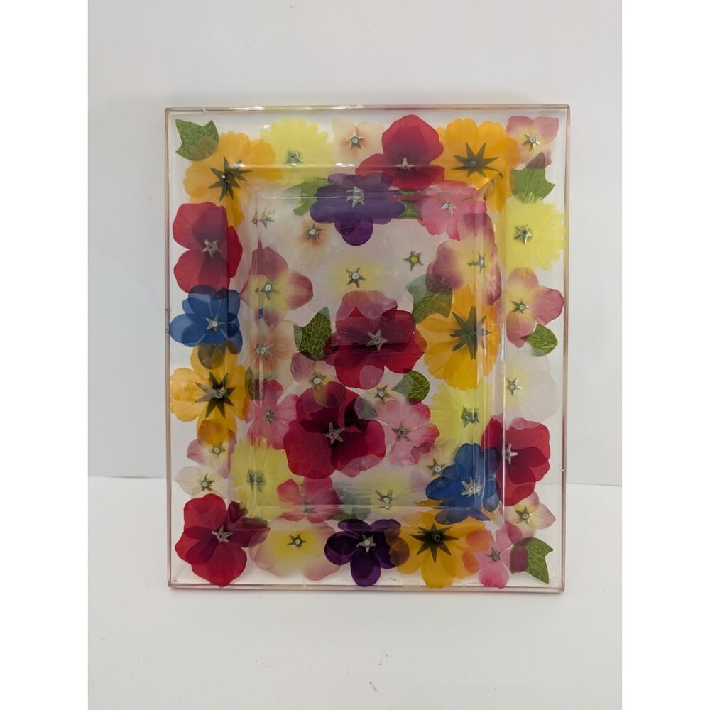 Vintage Acrylic Lucite Tray With Multicolored Flowers 12” X 10” Vintage Summer